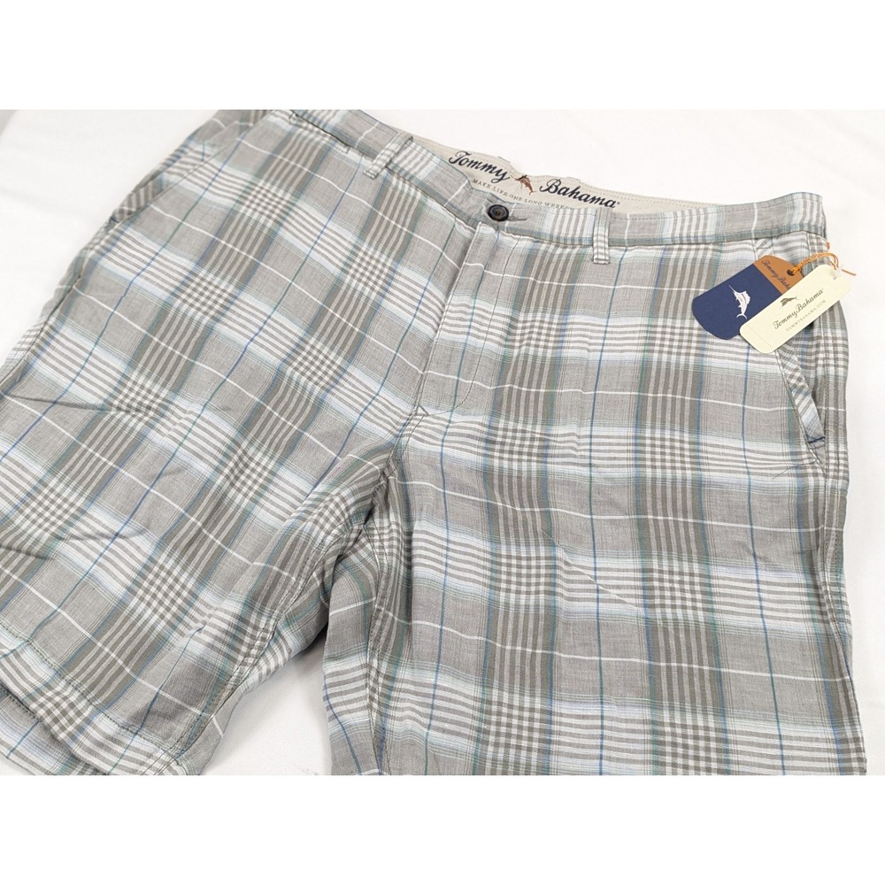 Tommy Bahama Mens Caldera Plaid Linen Tencel Shorts Grey Blue Size 40x10‎